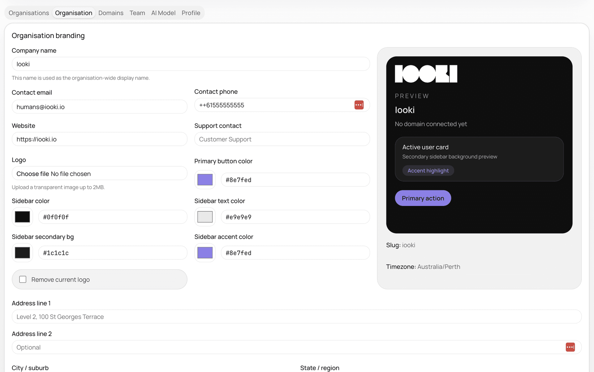 Organisation branding preview